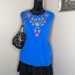 Blue embroidered floral top XL